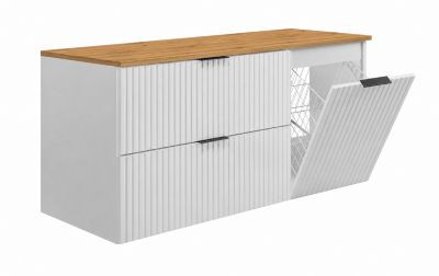Ensemble de meubles de salle de bain avec panier à linge et plan, poignées noires, blanc/chêne clair, 120 x 46 x 58,6 cm