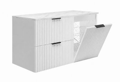 Ensemble de meubles de salle de bain avec panier à linge et plan, poignées noires, blanc/marbre Bianco, 100 x 46 x 58,6 cm