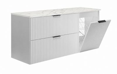 Ensemble de meubles de salle de bain avec panier à linge et plan, poignées noires, blanc/marbre Bianco, 120 x 46 x 58,6 cm