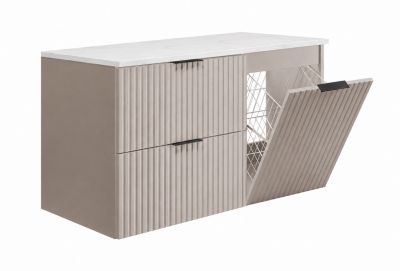 Ensemble de meubles de salle de bain avec panier à linge et plan, poignées noires, cachemire/marbre Bianco, 100 x 46 x 58,6 cm