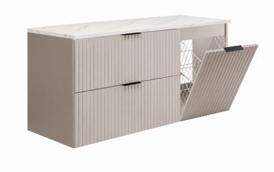 Ensemble de meubles de salle de bain avec panier à linge et plan, poignées noires, cachemire/marbre Bianco, 120 x 46 x 58,6 cm