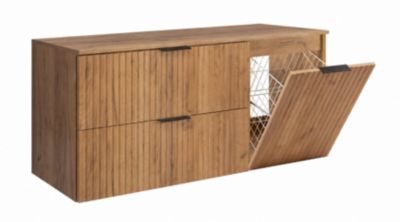 Ensemble de meubles de salle de bain avec panier à linge et plan, poignées noires, chêne craft, 120 x 46 x 58,6 cm