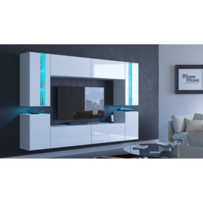 Ensemble de meubles de salon blanc suspendus collection CEPTO XXIV. 240cm, 8 meubles, leds, modulables.