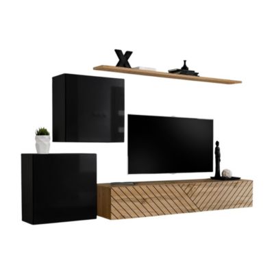 Ensemble de meubles design de salon SWITCH V, coloris noir et chene. Finitions noir brillant et chene fraisé.