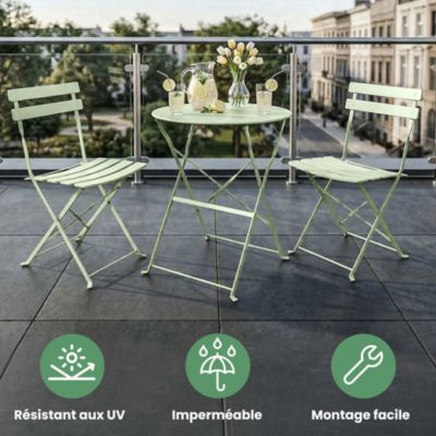 Ensemble de meubles ORION pour balcon : Table ronde & 2 chaises en vert frais