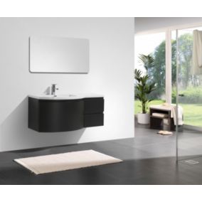 Ensemble de meubles salle de bain LAURANCE 1200, noir mat, forme arrondie armoire de toilette G1200, Plan vasque à gauche