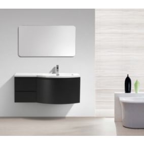 Ensemble de meubles salle de bain LAURANCE 1200, noir mat, forme arrondie Avec miroir LED 2137, Plan vasque à droite