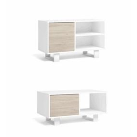 Ensemble de Meubles Wind, Buffet, Meuble TV100, Table Basse, couleur Blanc et Chêne, Pieds Blancs