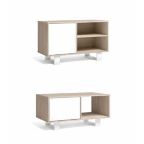 Ensemble de Meubles Wind, Buffet, Meuble TV100, Table Basse, couleur Chêne et Blanc, Pieds Blancs