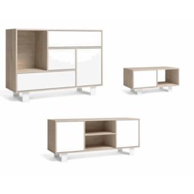 Ensemble de Meubles Wind, Buffet, Meuble TV140, Table Basse, Chêne et Blanc, Pieds Blancs