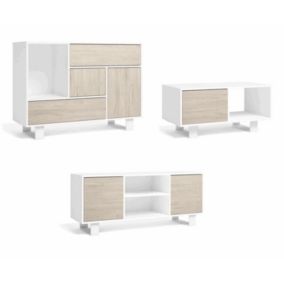 Ensemble de Meubles Wind, Buffet, Meuble TV140, Table Basse, couleur Blanc et Chêne, Pieds Blancs