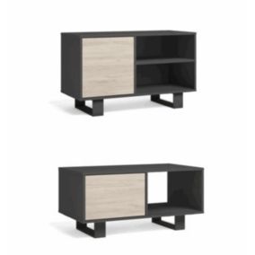 Ensemble de Meubles Wind, Meuble TV100, Table Basse, couleur Gris et Chêne, Pieds noir