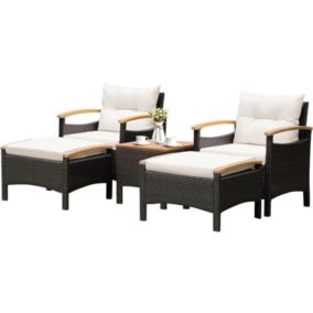 Ensemble de Mobilier de Patio Extérieur 5 Pièces Ensemble de Fauteuil Lounge en Rotin PE et Ottomanes avec Coussins et Table