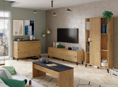 Ensemble de séjour coloris chêne doré ( meuble TV + Buffet + Bibliothèque + Table basse)