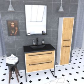 Ensemble de salle de bain 80 cm chêne naturel + vasque noir + miroir LED + colonne de rangement