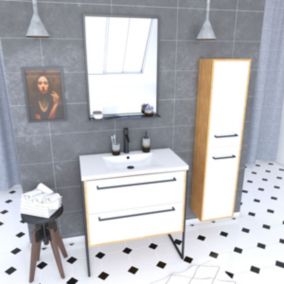 Ensemble de salle de bain 80cm + vasque blanche 80x50 + tiroir blanc mat + miroir + colonne