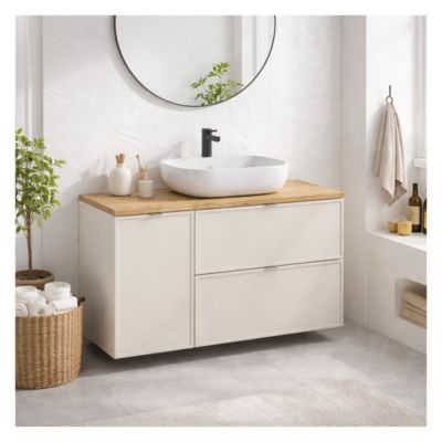 Ensemble de salle de bain BRAZZA : meubles sous vasque 120cm avec panier à linge intégré et plan pour vasque et vasque à poser
