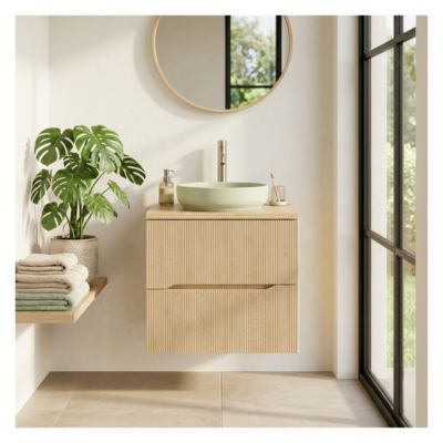 Ensemble de salle de bain NATURA 60cm : meuble sous vasque et plan pour vasque aspect bois clair rainuré verticalement