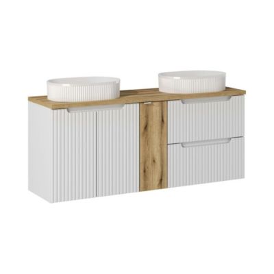 Ensemble de salle de bain VANO blanc 140cm : meubles sous vasque à tiroirs et placards et deux vasques à poser rainurées