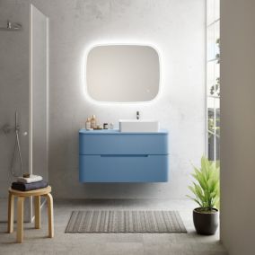 Ensemble de salle de bains L.104 cm meuble sous vasque version droite + plan de toilette bleu mat, Alba