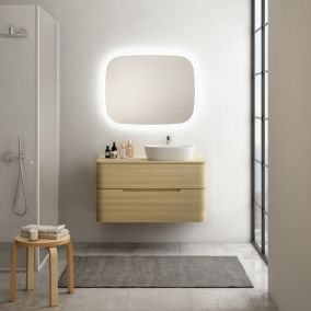 Ensemble de salle de bains L.104 cm meuble sous vasque version droite + plan de toilette décor chêne clair, Alba