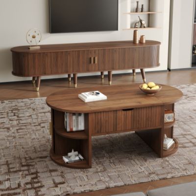 Ensemble de salon 2 pièces - Table basse relevable et meuble TV - Portes coulissantes - Pieds en bois - Marron