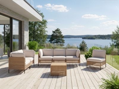 Ensemble de salon de jardin avec table 6 places OMEGANA Polyrotin Beige clair