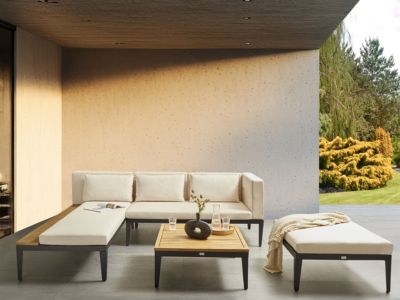 Ensemble de salon de jardin avec table et ottoman 3 places BRACCIANO Côté droit Bois d'acacia certifié Beige clair