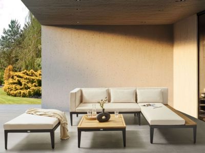 Ensemble de salon de jardin avec table et ottoman 3 places BRACCIANO Côté gauche Bois d'acacia certifié Beige clair