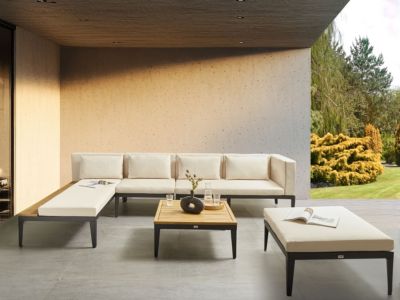 Ensemble de salon de jardin avec table et ottoman 4 places BRACCIANO Côté droit Bois d'acacia certifié Beige clair