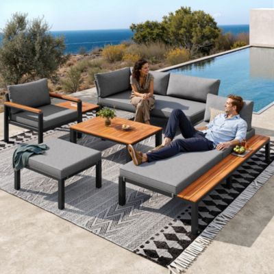Ensemble de salon de jardin modulable 6-7 places - structure en fer galvanisé - avec table basse et repose-pieds - Gris