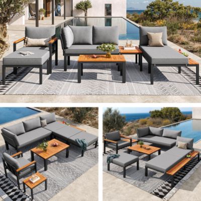 Ensemble de salon de jardin modulable 6-7 places - structure en fer galvanisé - avec table basse et repose-pieds - Gris
