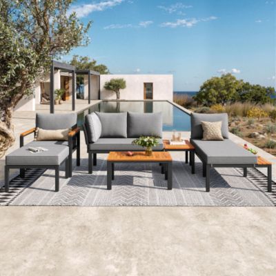 Ensemble de salon de jardin modulable 6-7 places - structure en fer galvanisé - avec table basse et repose-pieds - Gris