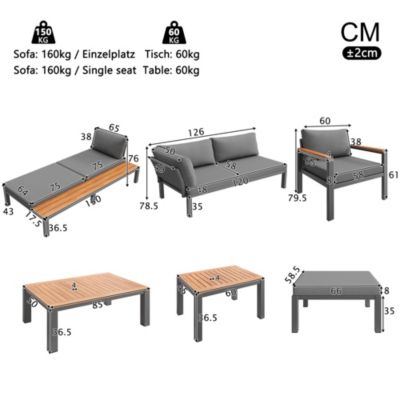 Ensemble de salon de jardin modulable 6-7 places - structure en fer galvanisé - avec table basse et repose-pieds - Gris