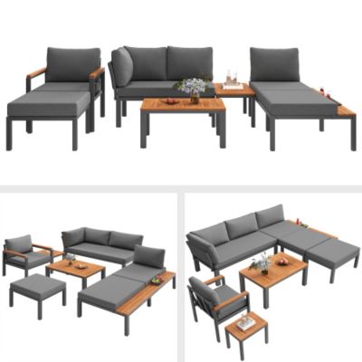 Ensemble de salon de jardin modulable 6-7 places - structure en fer galvanisé - avec table basse et repose-pieds - Gris