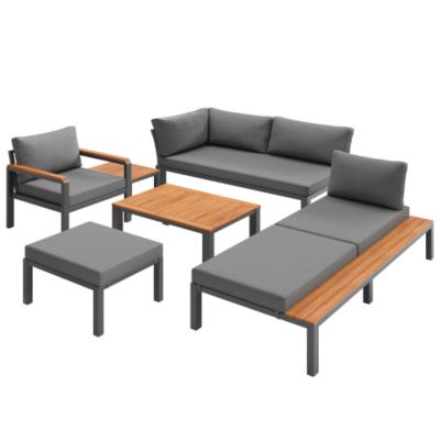 Ensemble de salon de jardin modulable 6-7 places - structure en fer galvanisé - avec table basse et repose-pieds - Gris