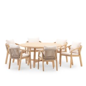 Ensemble de table ronde D1,5m et 6 chaises en bois et en corde tressée - Siena