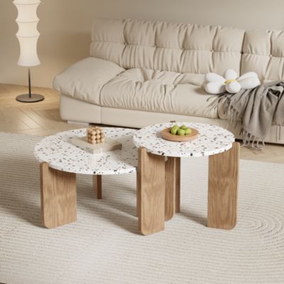 ensemble de Tables Basses Modernes 2 Pièces, Tables Gigognes Rondes - design Contemporain en MDF - Blanc/Bois