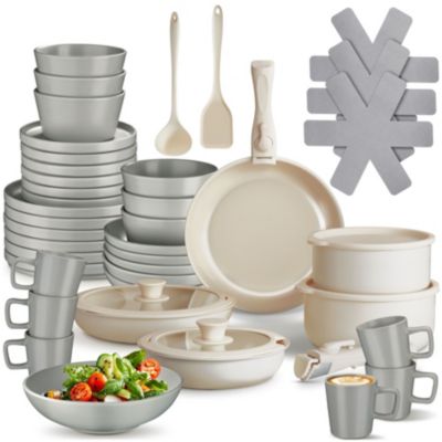 Ensemble de vaisselle et kit de cuisine Ensemble de vaisselle en grès émaillé gris/blanc