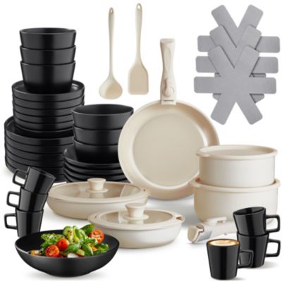 Ensemble de vaisselle et kit de cuisine Ensemble de vaisselle en grès émaillé noir/blanc