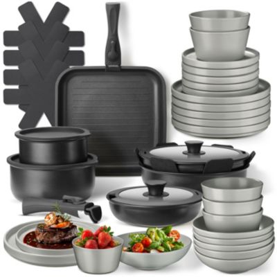 Ensemble de vaisselle et kit de cuisine Service de table en grès émaillé gris/noir