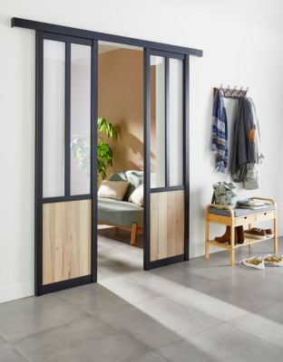 Ensemble porte coulissante atelier noire 3 vitrages transparents H.204 x  l.83 cm et système de rail en acier