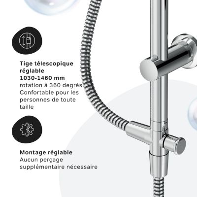 Ensemble douche bain-douche Chromé sans mitigeur Pommeau pluie 220mm Douchette EnerJet Barre fixe Hit