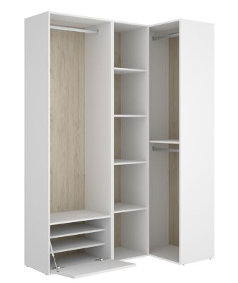Ensemble dressing d'angle avec portes à chaussures et fond d'arrière réversible coloris chêne naturel, blanc