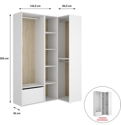 Ensemble dressing d'angle avec portes à chaussures et fond d'arrière réversible coloris chêne naturel, blanc