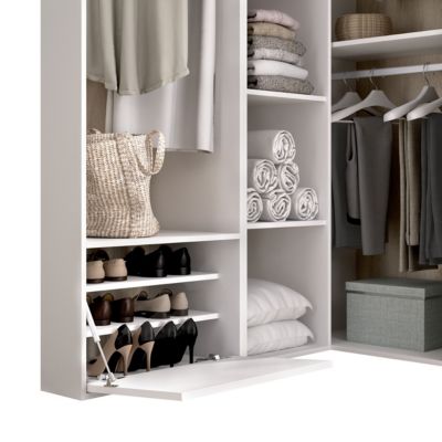 Ensemble dressing d'angle avec portes à chaussures et fond d'arrière réversible coloris chêne naturel, blanc