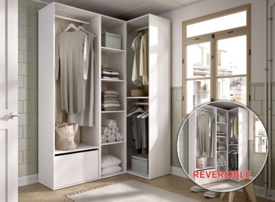 Ensemble dressing d'angle avec portes à chaussures et fond d'arrière réversible coloris chêne naturel, blanc
