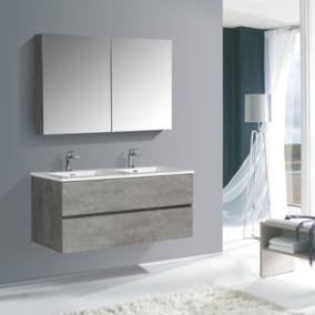 Ensemble EDGE 1200, Sans miroir, Béton, 1x meuble mural flexible, Blanc brillant