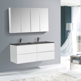 Ensemble EDGE 1300, Sans miroir, Blanc brillant, 2x meuble mural flexible, Noir mat