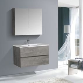 Ensemble EDGE 750, Sans miroir, Béton, 2x meuble mural flexible, Blanc brillant